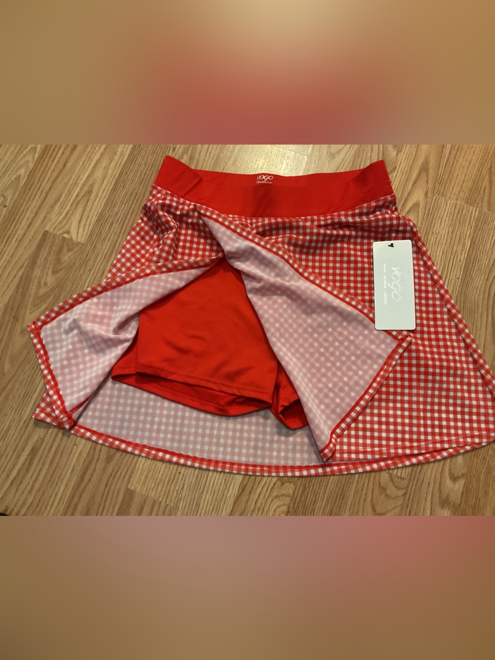NEW VOGO Red and White Gingham Athletic Skirt with Logo Waistband M.